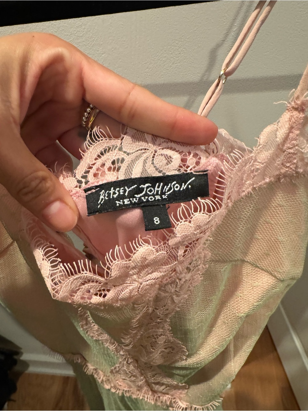 Betsey Johnson pink green lace slip dress with floral embroidery size 8 vintage - Picture 2 of 9